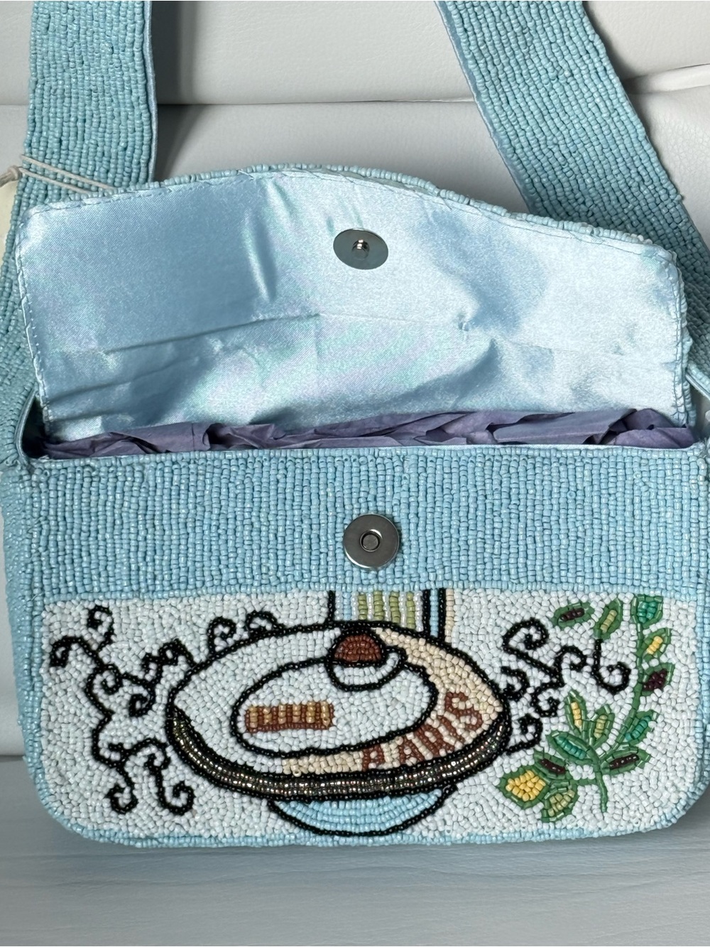 Light Blue Beaded Shoulder Bag with Paris Motif - Picture 9 of 9